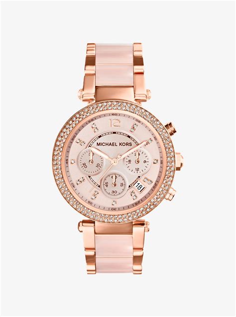 michael kors parker silver-tone acetate watch 295.00|Michael Kors 'Parker' Blush Acetate Link Chronograph Watch, .